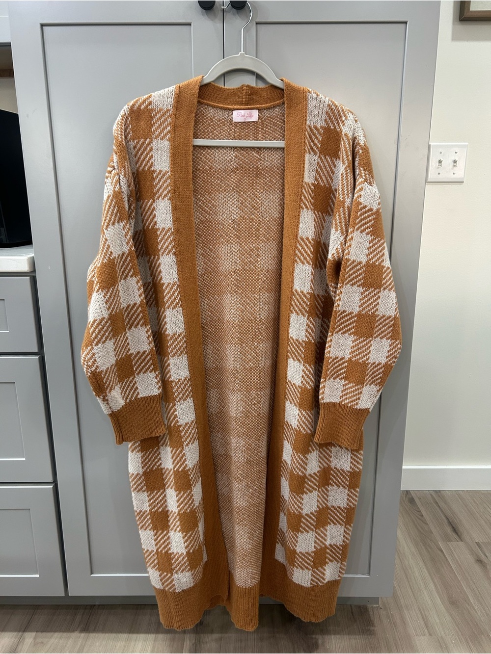 Pink Lily Mustard Yellow White Buffalo Check Plaid Long Cardigan Sweater Small